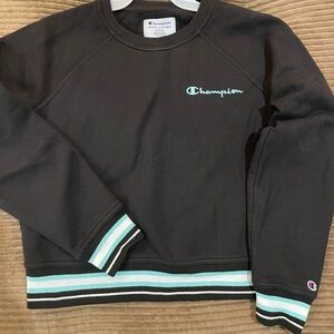 Champion Cropped Black Crewneck Sweater w Striped Border